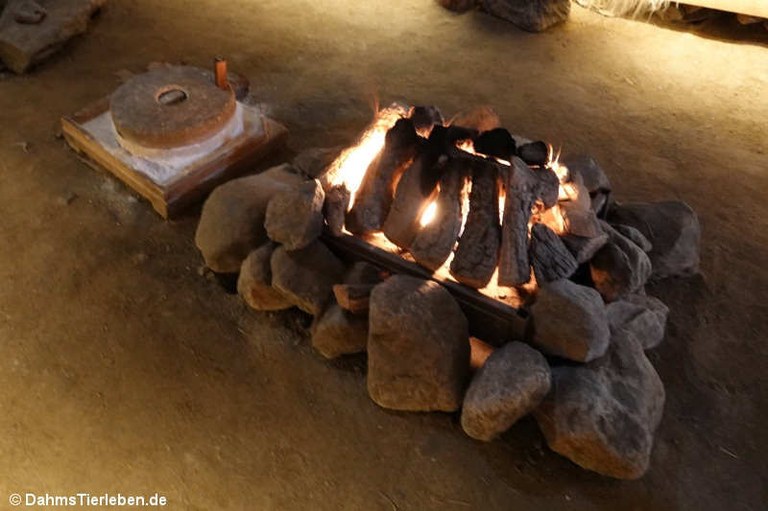 Feuerstelle und Mahlstein in einem Langhaus